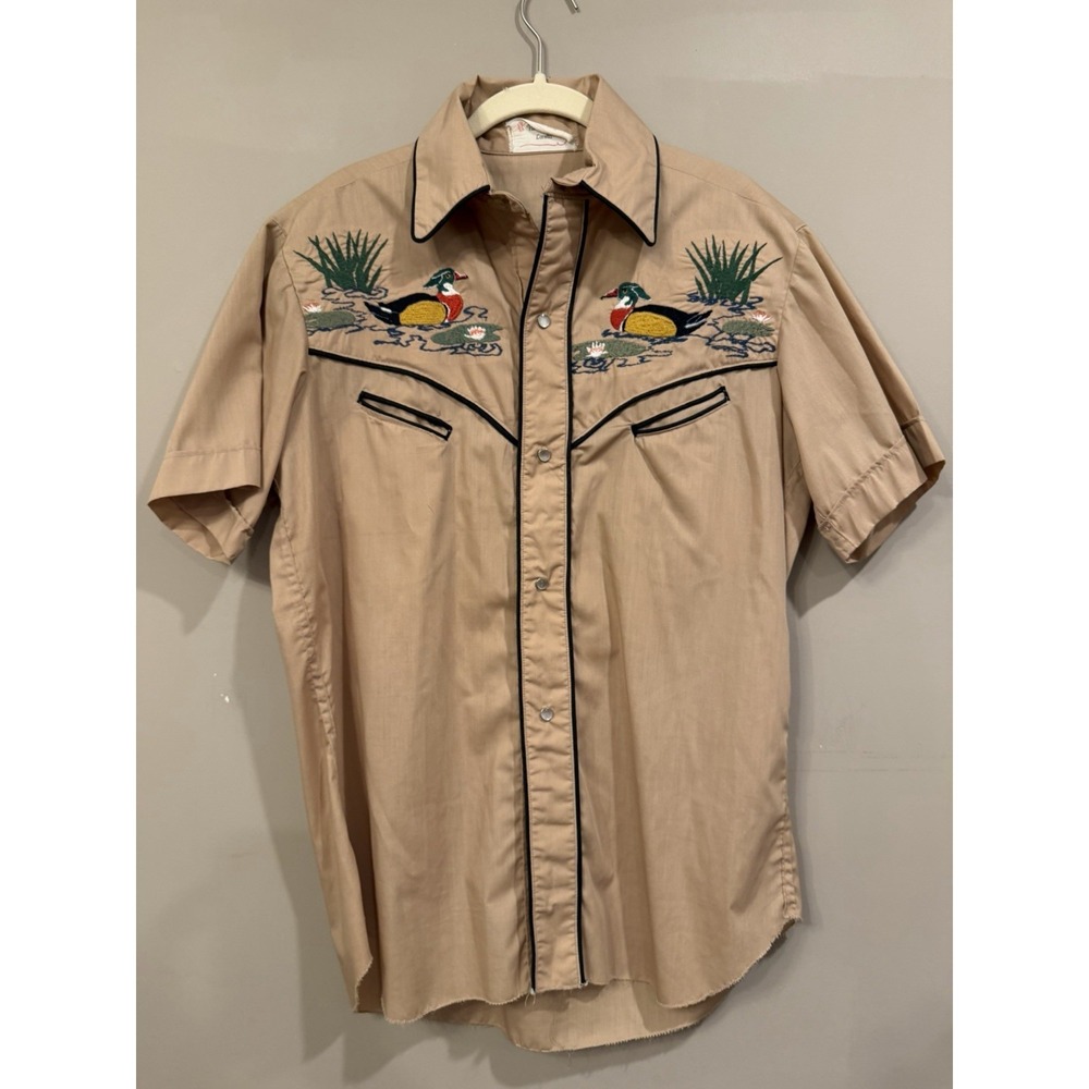 Vintage Handmade Embroidered Mallard Duck Western SS Button Up Medium